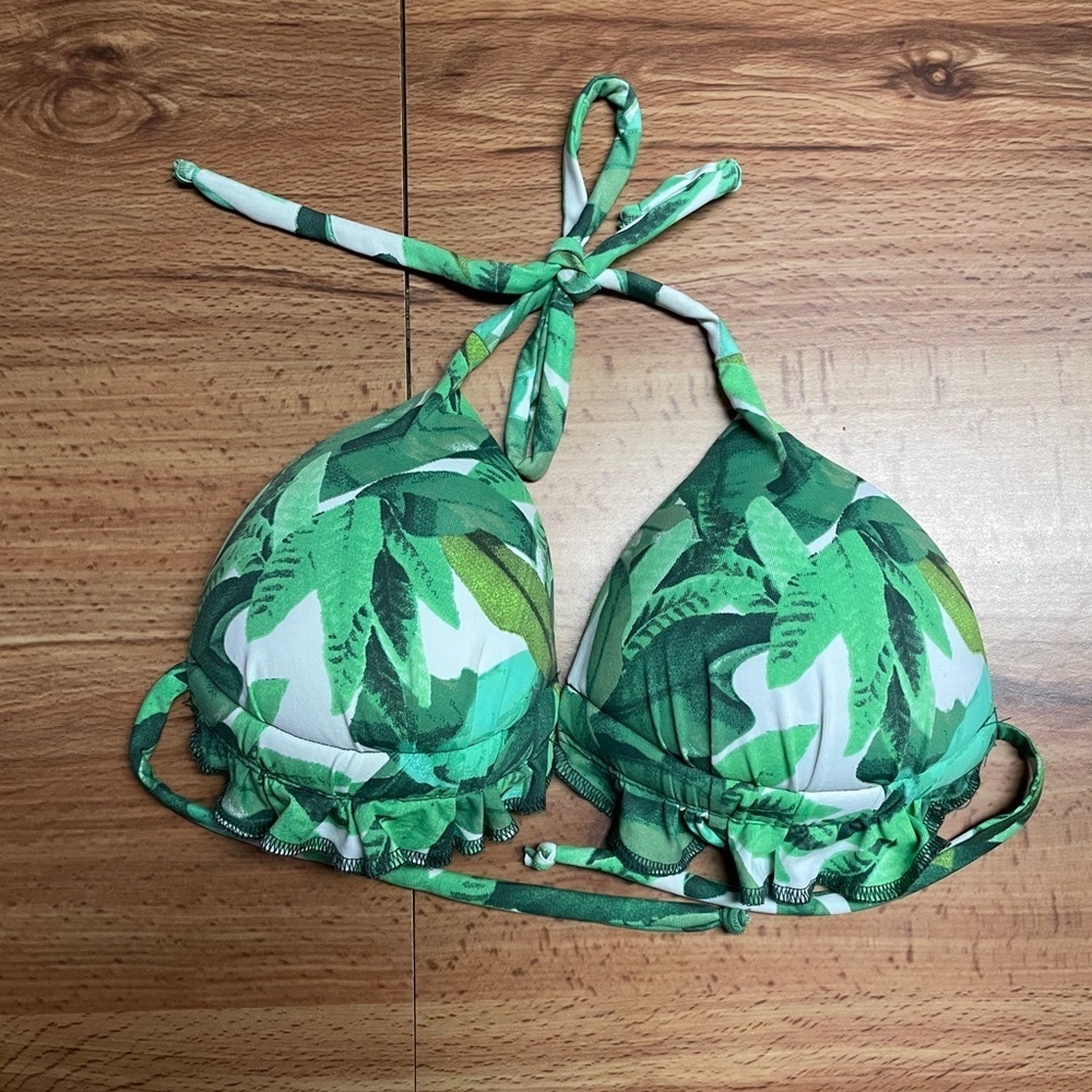 Women’s Swim Green Leaf Bikini Top with Ruffle Trim